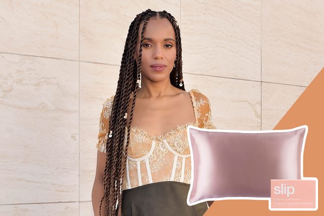 Woman stands against tiled wall, wearing detailed lace top. Pink silk pillowcase image is in the foreground with text: 