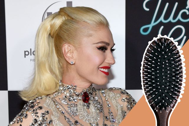 A woman with styled blonde hair smiles, wearing a jeweled dress. A hairbrush overlays the image. Background features black and white text.
