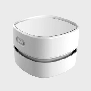 White, rounded rectangular container with stacked sections and smooth surface, sitting against a plain gray background.