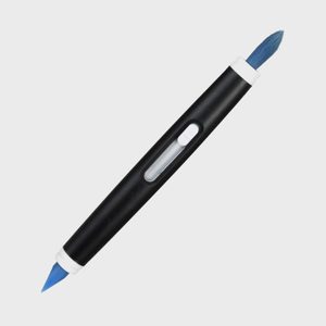 Dual-ended black tool with blue tips; one end is a brush, the other is a point, set against a plain white background.