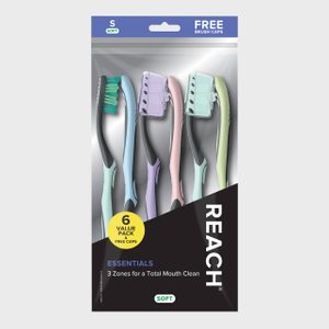 Pack of six colorful toothbrushes, each with a brush cap, displayed in packaging labeled 