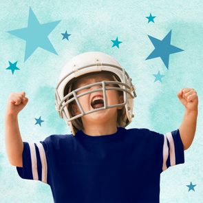 Child in helmet celebrating with fists raised, wearing a sports jersey, surrounded by stars against a light blue background.