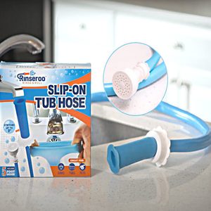 A blue tub hose rests beside a sink; packaging highlights its slip-on feature, adjustable length, and versatility for sinks, tubs, and pets.