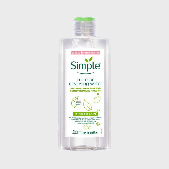 Clear bottle contains micellar cleansing water, promoting hydration and makeup removal, labeled 