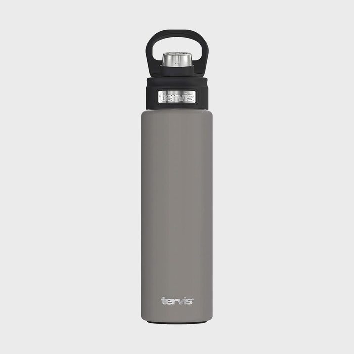 Gray insulated water bottle stands upright, brand name 