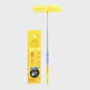 Yellow duster extends to six feet, with a metal handle, next to matching yellow box displaying 