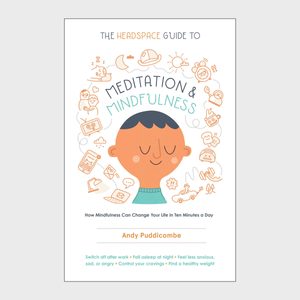 A smiling cartoon face meditates among calming icons; text reads 