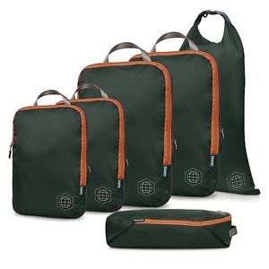 Five dark green packing cubes, varying sizes, lay upright with orange zippers, featuring circular designs; labeled 