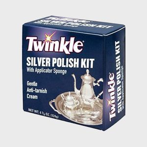 Box displays Twinkle Silver Polish Kit, featuring teapot set illustration, against a navy background, highlighting 
