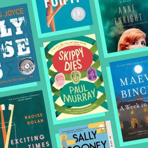 Book covers arranged on a teal background, featuring titles and authors like 