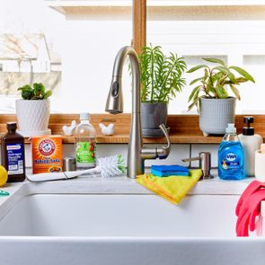 Kitchen sink displays cleaning supplies and plants; contains baking soda, hydrogen peroxide, vinegar bottle, dish soap, sponge, gloves, lemon, and potted plants.