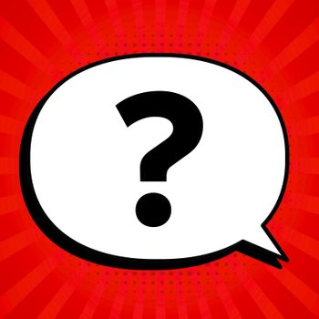 A speech bubble with a bold question mark inside, set against a vibrant red, radiating background.