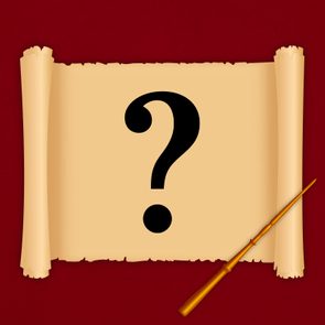 A parchment displays a large question mark with a wand beside it against a red background.