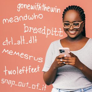 Person smiling at phone, surrounded by humorous usernames on a peach background: 