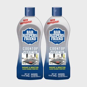 Two bottles display Bar Keepers Friend cooktop cleaner, labeled 