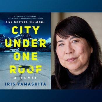 Book cover displays title "City Under One Roof" against icy mountain scenery; beside it, a woman smiles in a well-lit setting.