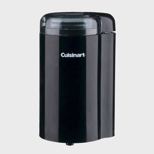 Black coffee grinder stands upright with 