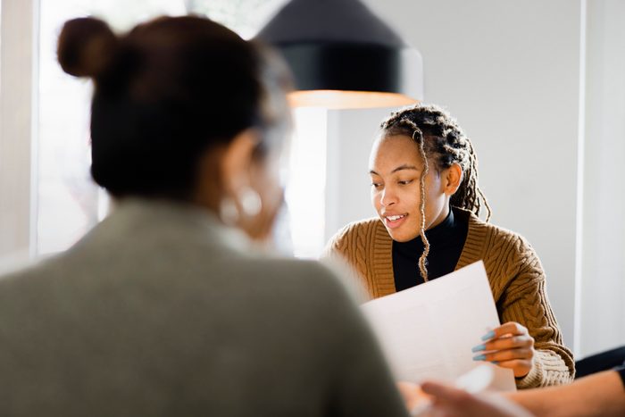 Woman candidate interview with HR manager in office