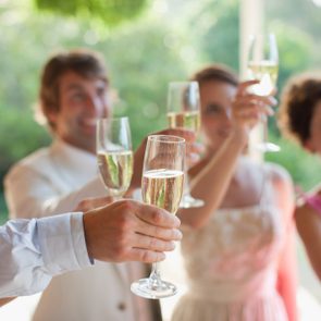 People hold champagne glasses, toasting in a celebratory, outdoor gathering with blurred greenery in the background.
