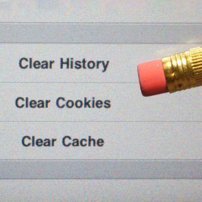 Pencil eraser points at text options: Clear History, Clear Cookies, Clear Cache on an electronic screen.