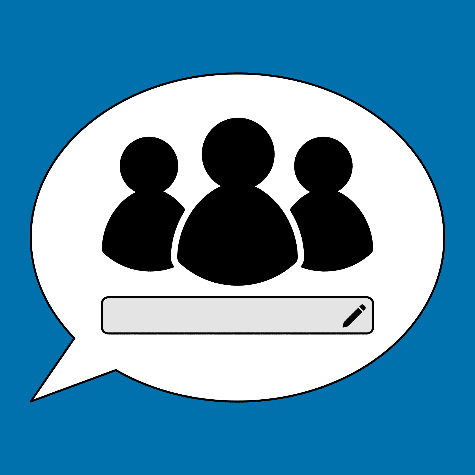 Silhouetted figures appear within a speech bubble containing a text box with a pencil icon, set against a blue background.