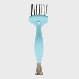 Light blue brush cleaner with metal bristles, designed for removing debris, set against a plain white background. Text includes 