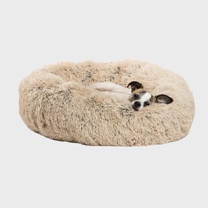 A small dog rests comfortably in a fluffy, beige circular bed, surrounded by a plain white background.