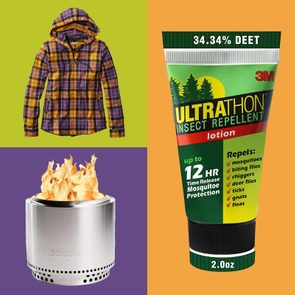 A plaid jacket, a tube of insect repellent, and a portable metal stove with flames are arranged on colorful backgrounds.