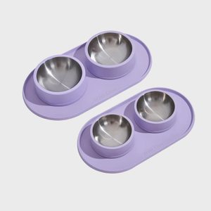 Two stainless steel bowls sit in lavender bases, labeled 