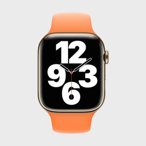 A smartwatch displays bold white numbers with an orange strap against a plain gray background.