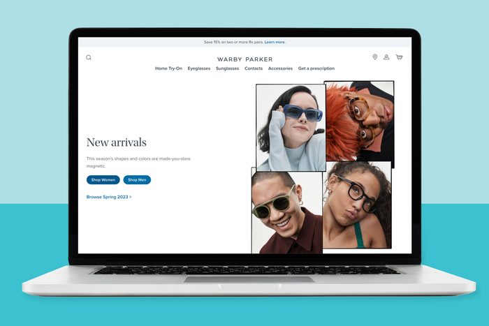 Laptop displays eyeglasses website featuring models wearing diverse eyewear styles. Text includes 