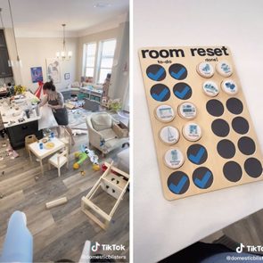 Room cluttered with toys, woman tidies; chart lists tasks like 