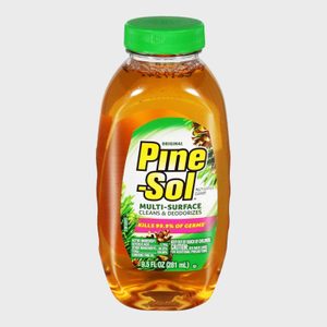 A clear plastic bottle with a green cap contains Pine-Sol cleaner; label states it kills 99.9% of germs, multi-surface, 9.5 fl oz.