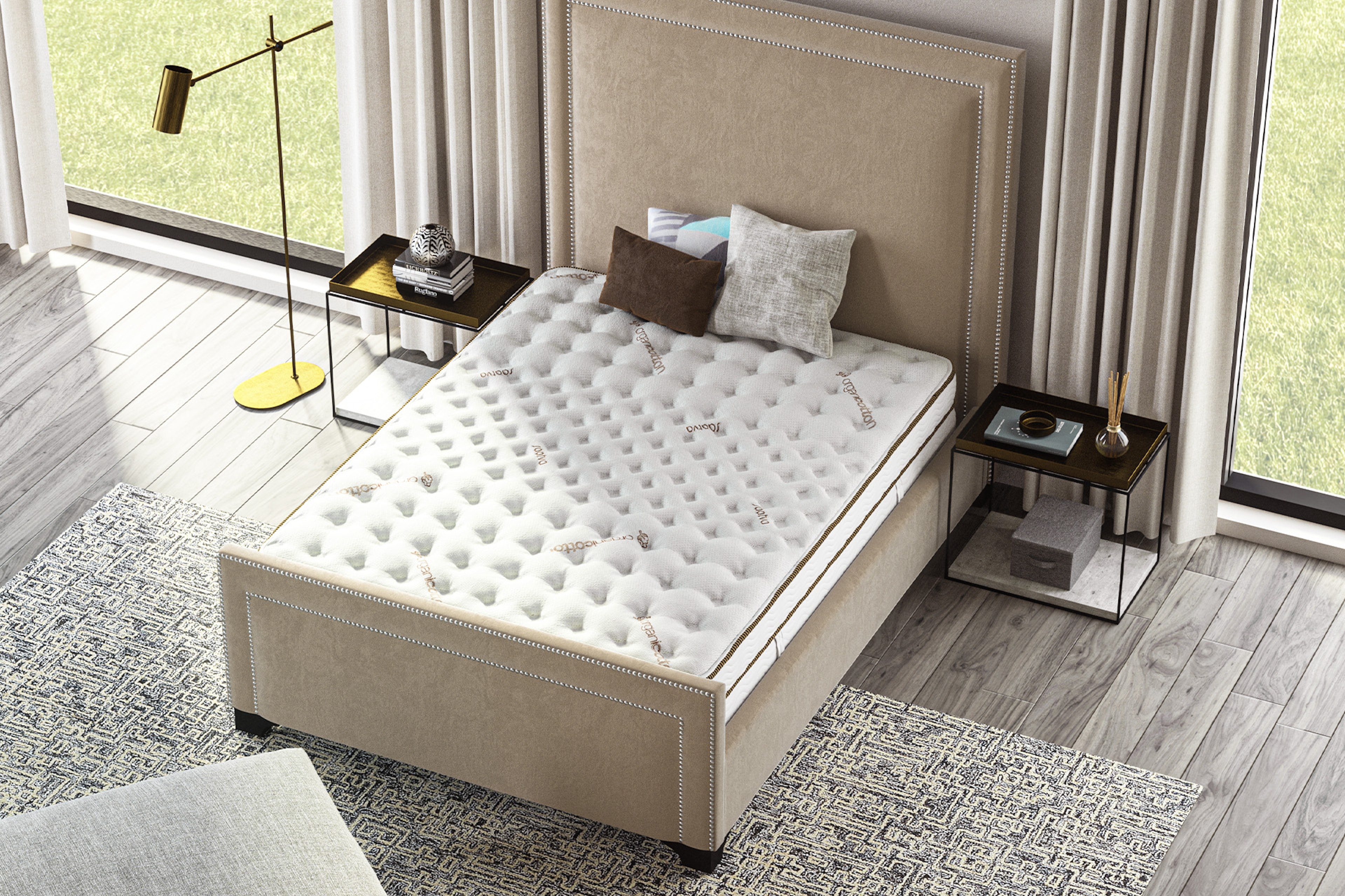 Bed with white mattress and pillows stands in a modern bedroom. Wooden floor, side tables, lamp, and large window surround it.