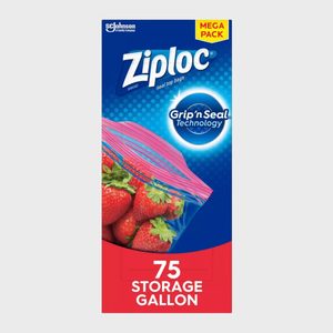 Box displays Ziploc bags featuring strawberries inside one. Text highlights â€œGrip â€˜n Seal Technologyâ€ and â€œ75 Storage Gallon.â€ Blue and red packaging.