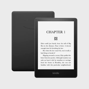 An e-reader displays Chapter 1 of a story, featuring text. A dark back cover is partially visible behind the device.