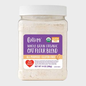 A clear plastic jar holds oat flour, labeled 