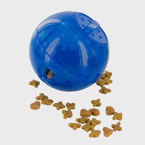 Blue spherical toy dispensing small dog treats, scattered on a plain surface.