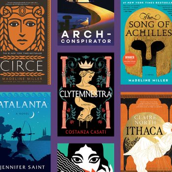 Seven book covers displayed in a collage, featuring female figures, mythological themes, and vibrant colors. Titles include "Circe," "Clytemnestra," and "The Song of Achilles."