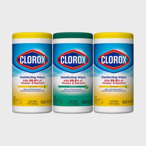 Containers display Clorox disinfecting wipes, claiming to kill 99.9% of viruses and bacteria, with scents of crisp lemon and fresh in a plain background.
