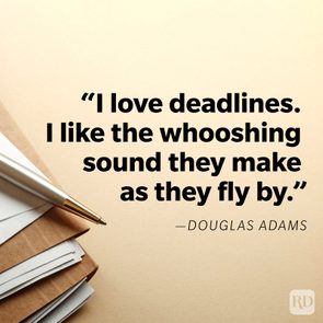 Pen rests on a stack of papers; text reads: â€œI love deadlines. I like the whooshing sound they make as they fly by.â€ â€”Douglas Adams.