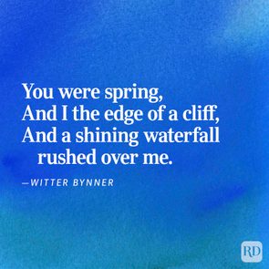 Text displays poetic imagery, describing spring and a waterfall on a textured blue-green background. Authored by Witter Bynner.