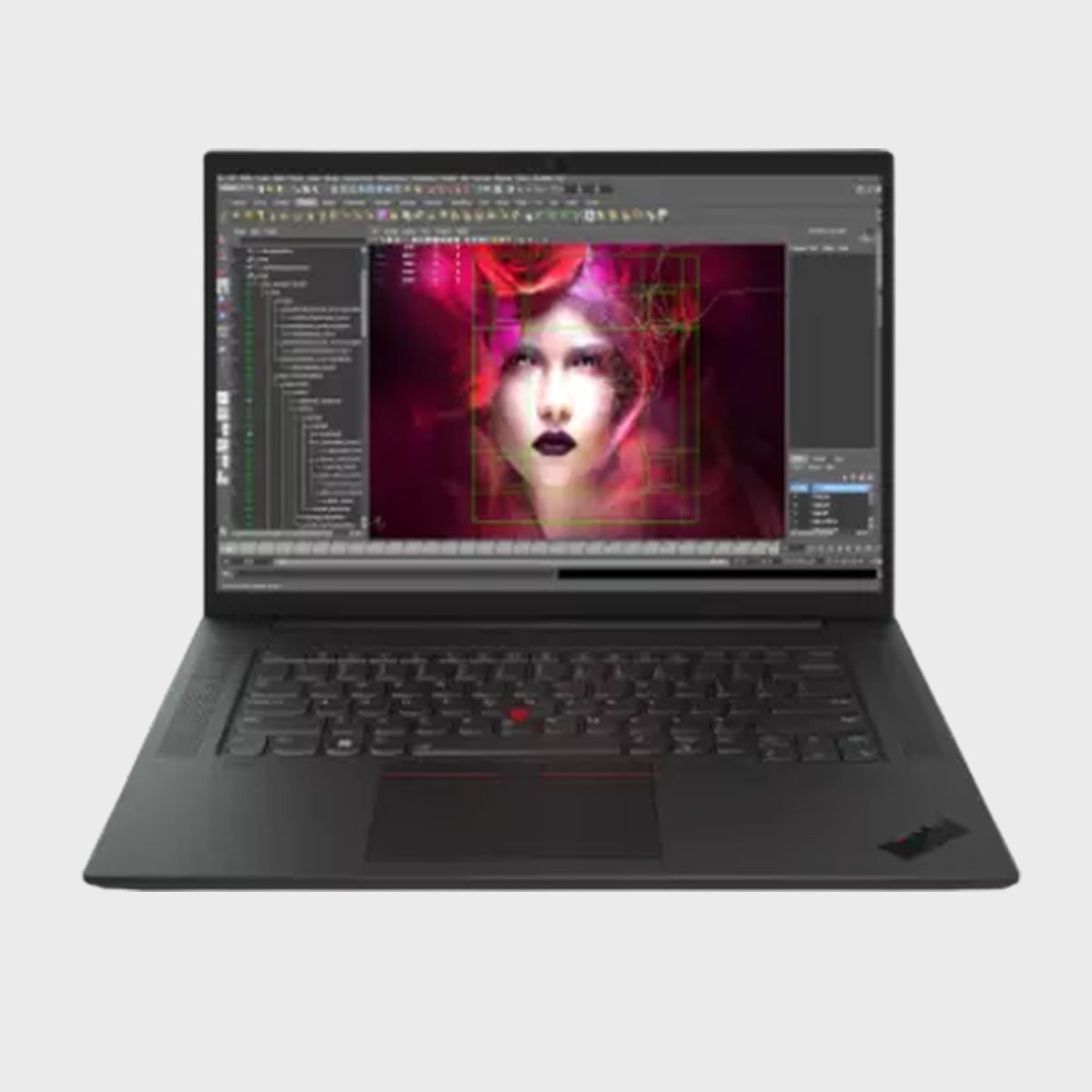Laptop displaying digital art software, showcasing a colorful abstract portrait. The device is on a plain, light-colored background.