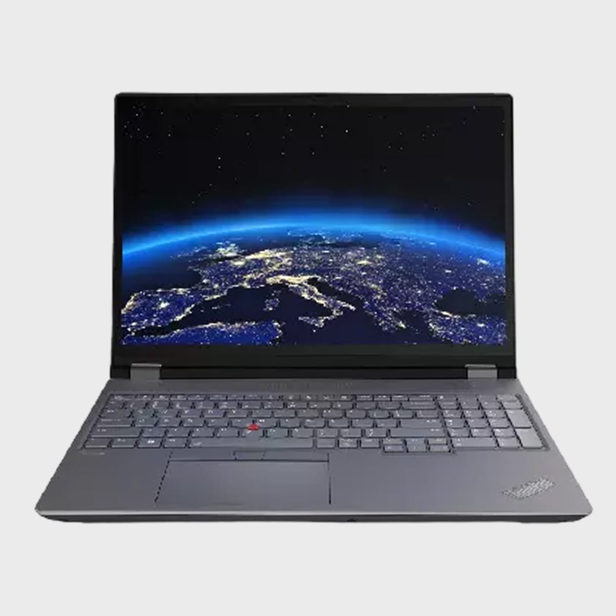Laptop displaying Earth at night, showing lit-up continents on screen, set against a plain, light gray background.