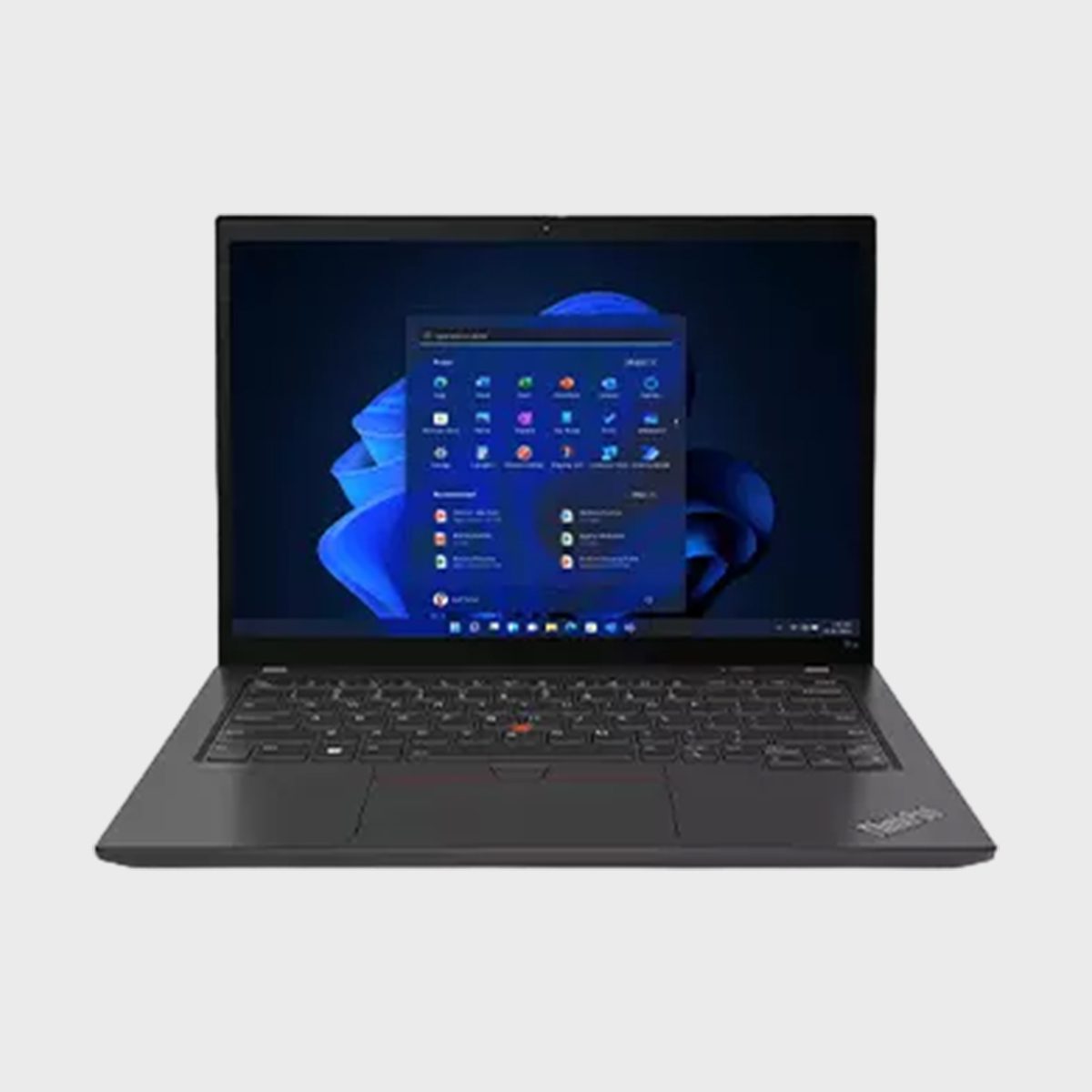 Laptop displaying start menu on screen, set against a plain gray background.