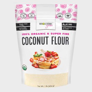 Bag displays coconut flour packaging; emphasizes organic quality. Strawberries and waffles depicted on front, surrounded by gluten-free, keto-friendly icons in bright, clean design.