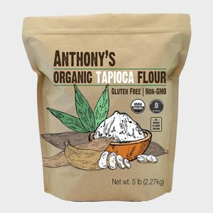 Bag displays tapioca flour illustration with root, leaves, and bowl; labeled 