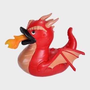 A red dragon-themed rubber duck breathes fire, featuring intricate details and wings on a plain white background.