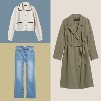 White cardigan with black trim, blue jeans, and an olive green trench coat arranged against color-blocked backgrounds.