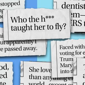 Torn paper snippets overlay with humorous and sarcastic text fragments against a blue background. Central snippet reads, 